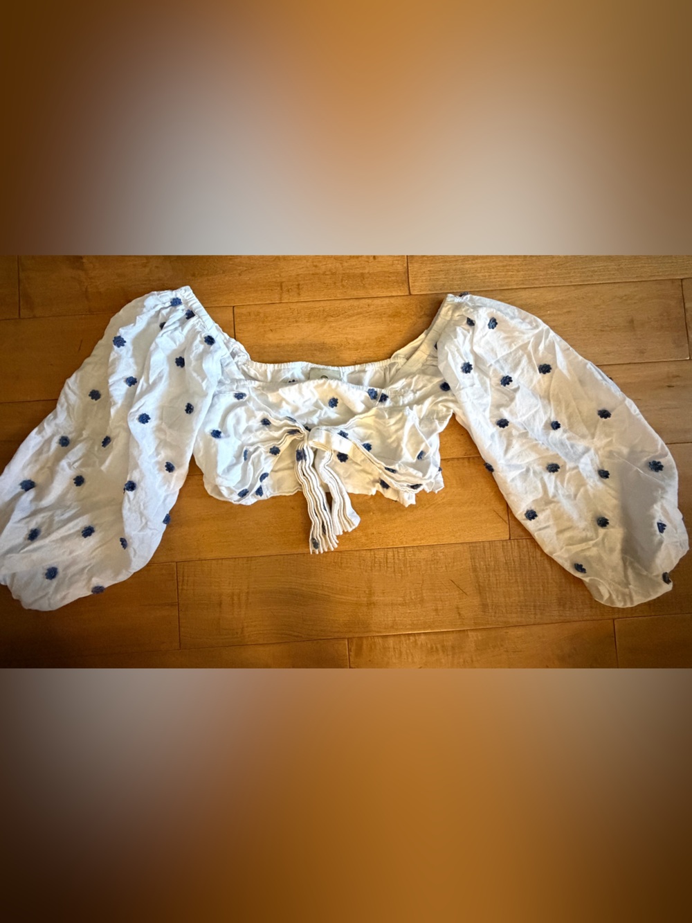 FARM Rio White Cropped Peasant Top with Navy Dot Embroidery